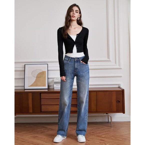 Women's High Waist Stretchy Denim Jeans Tummy Control Raw Hem Casual - Picture 6 of 8